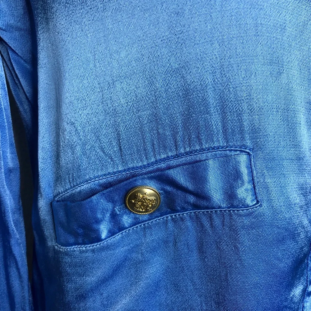 J Crew blue shiny satin gold button cropped button down top size Extra Small XS